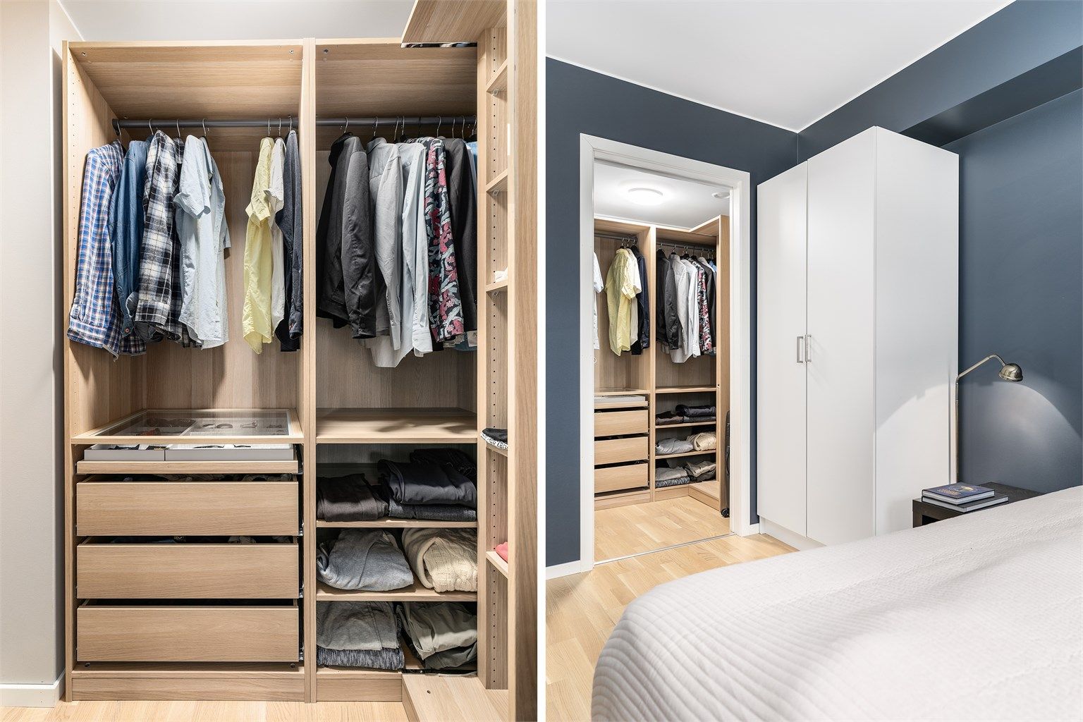 Soverommet har både garderobeskap og walk-in closet der klærne kan organiseres oversiktlig.