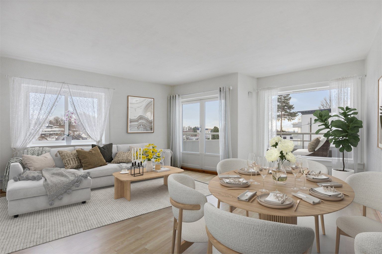 Dette er en stor og lys 3-roms hjørneleilighet med svært attraktiv og sentral beliggenhet. Kort gåavstand til det aller meste av ønskelige fasiliteter. Foto: Zovenfra AS (digital styling)