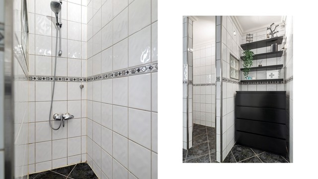 Praktisk dusjnisje og nisje med hyller og kommode som gir ekstra oppbevaringsmuligheter