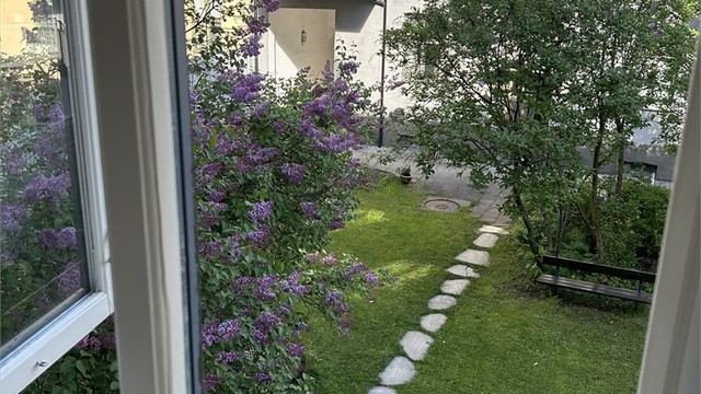 Frodig og sjarmerende bakgård, selgers eget bilde fra syrinblomstringen