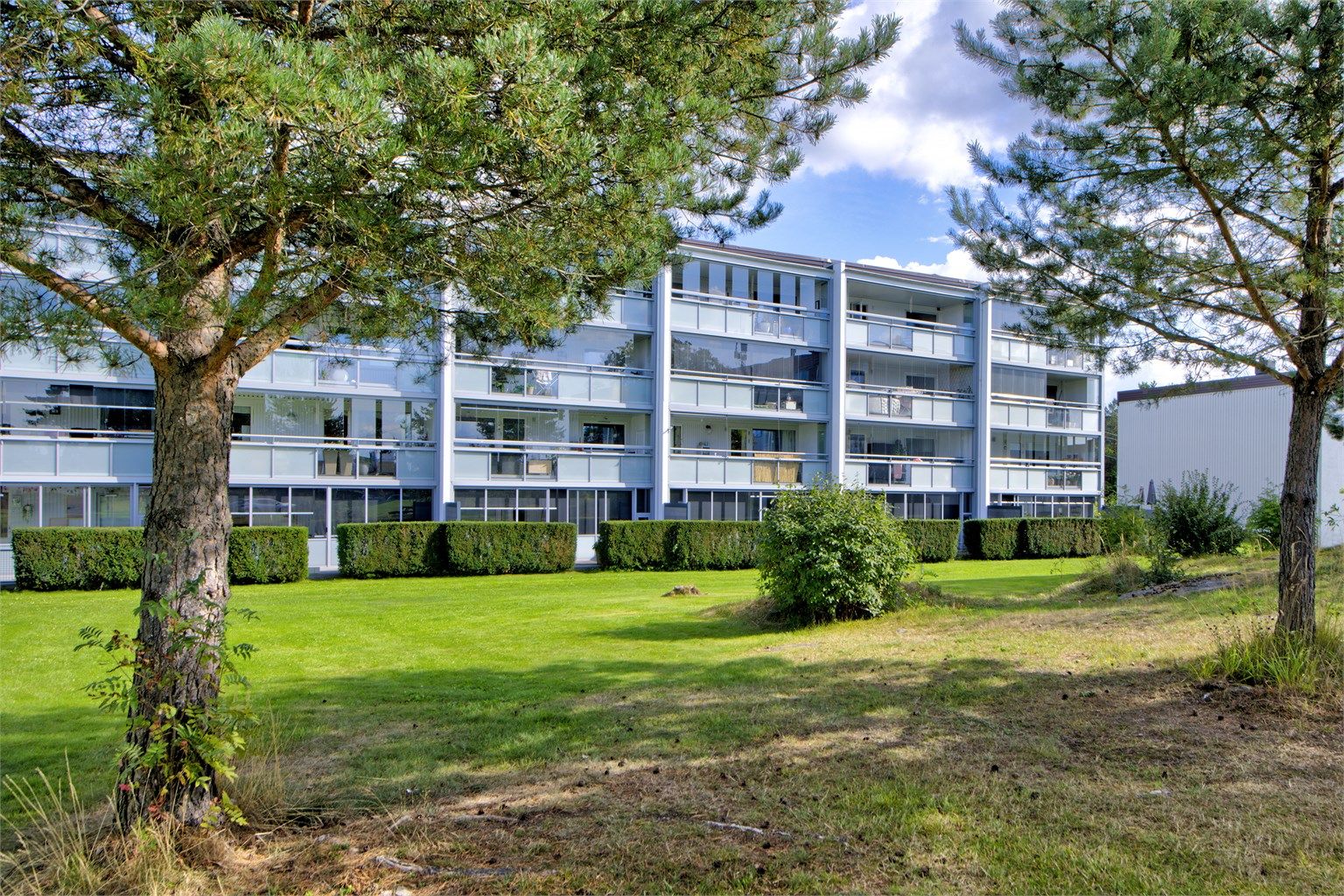 Fasade - fellesområdene er pent opparbeidet med blant annet stor gressplen og diverse beplanting