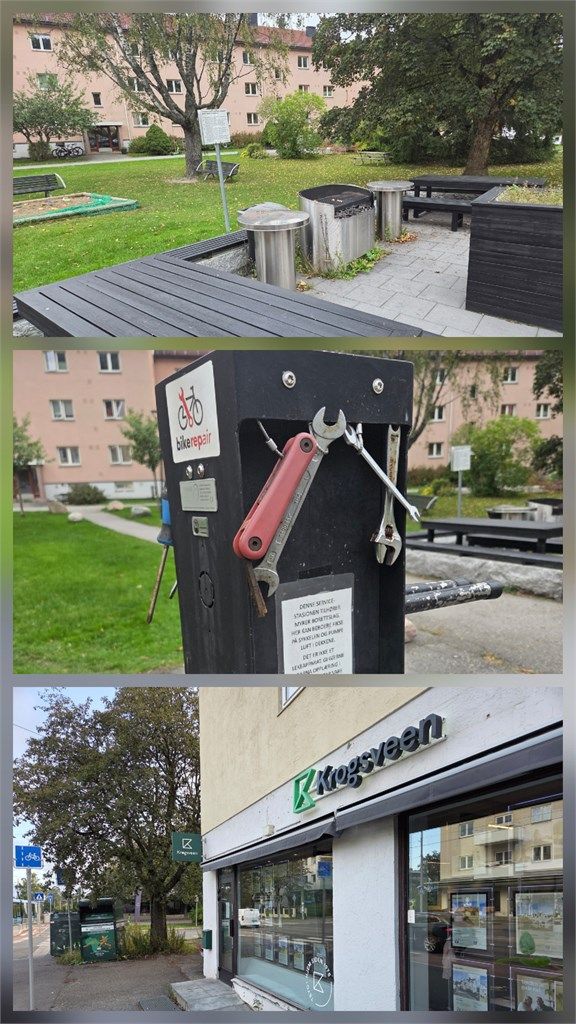 Borettslaget har opparbeidede fellesarealer med sitteplasser og egen servicestasjon for sykkel.