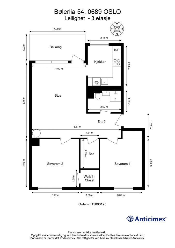 Leiligheten på 69 m² har en effektiv planløsning med to soverom og separat kjøkken. I tillegg til intern bod og walk-in-closet, disponeres to kjellerboder på til sammen 8 m².