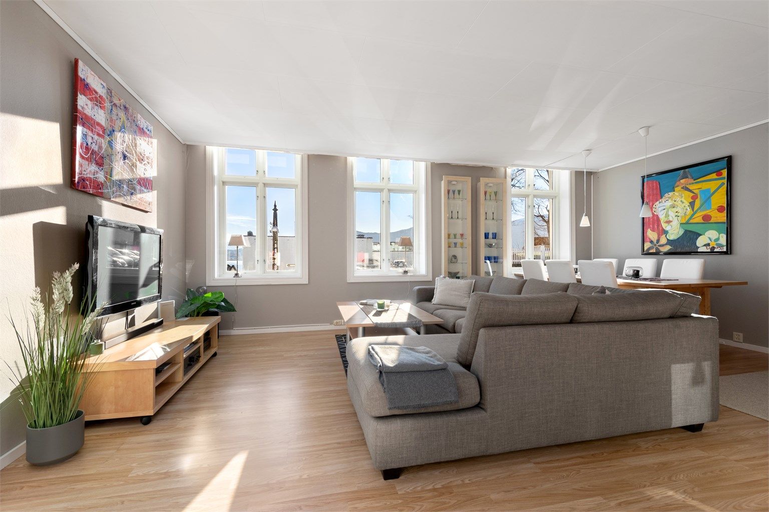 Stuen er romslig og har god plass til både sofagruppe og spisestue 