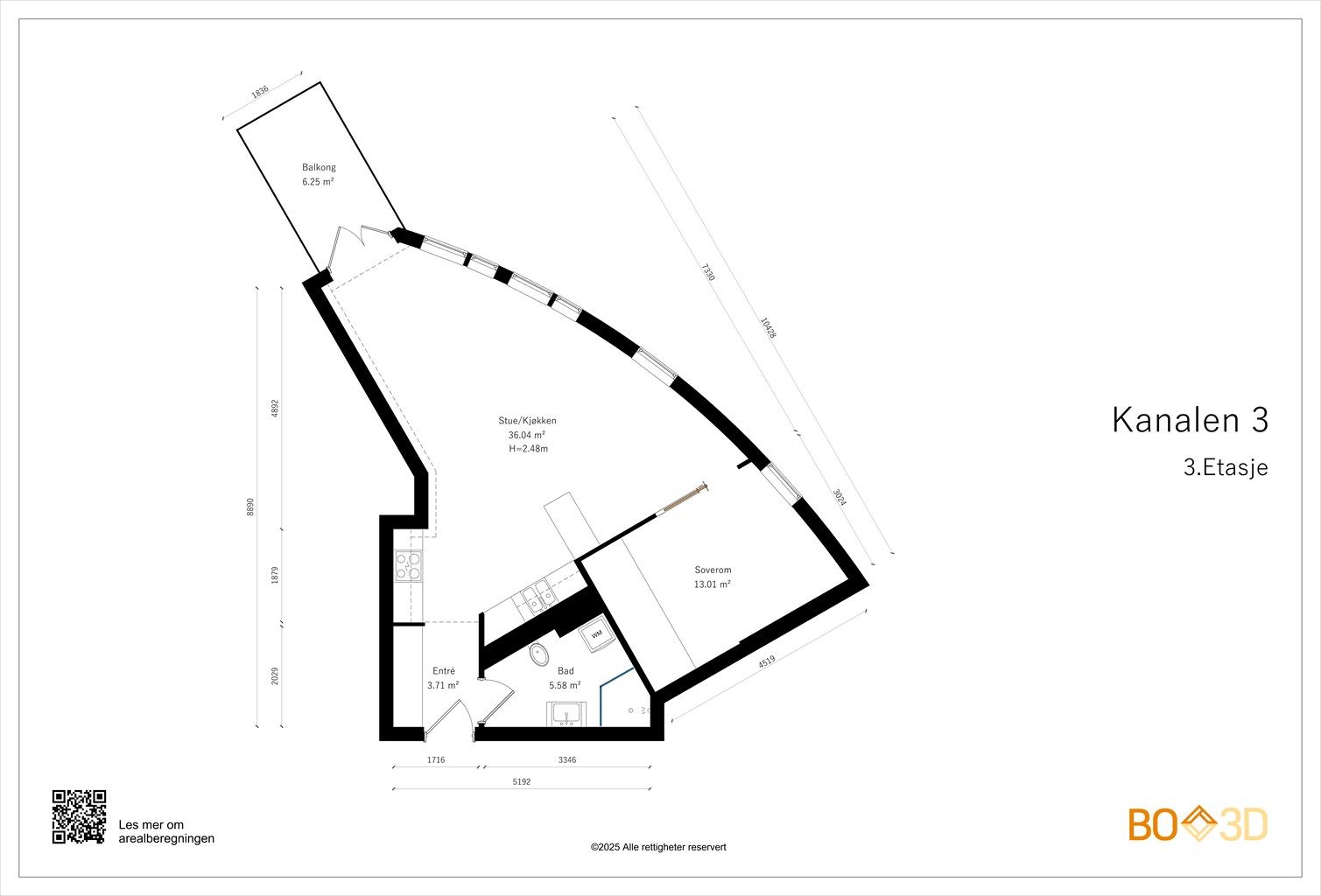 Plantegning. 
Leiligheten ligger i 3 etg.