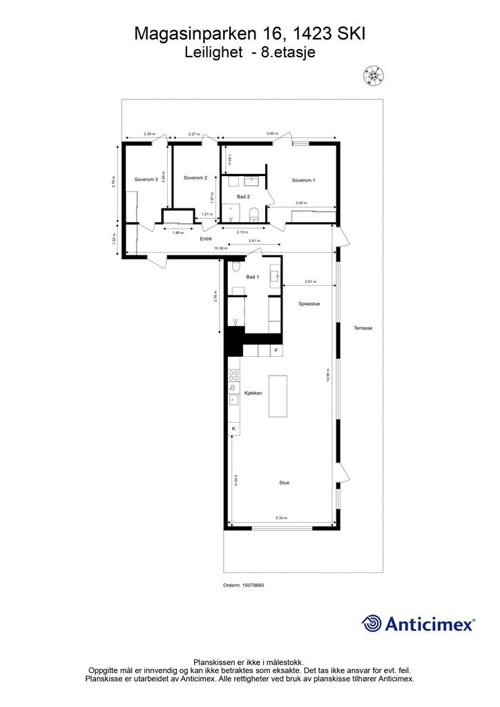 Leiligheten har en effektiv planløsning på 128 m² med tre soverom, to bad og en romslig, åpen sosial sone.