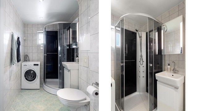 Badet er praktisk innredet med dusjkabinett, vegghengt toalett og opplegg for vaskemaskin.