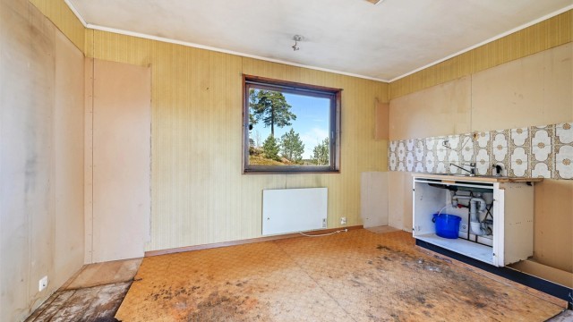 Rommet er et separat kjøkken i hovedetasjen, med utsikt mot naturen bak huset.