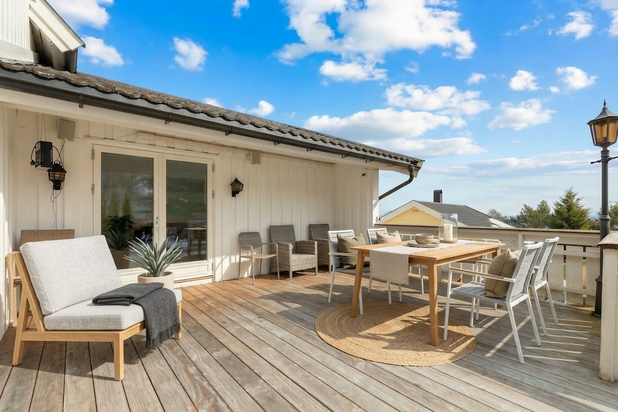 Terrassen har rikelig med plass til både spisegruppe, sittegrupper og grill – perfekt for lange sommerdager og sosiale sammenkomster med familie og venner. (Bildet er rendert med AI.)