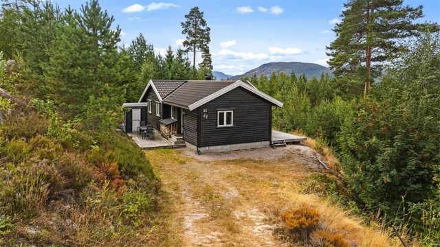 Fritidsboligen er oppført i 2010 og har liggende trekledning.