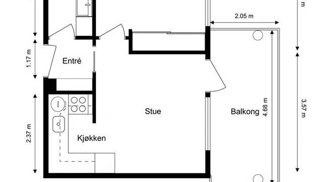 Arealeffektiv planløsning med adskilt soverom og åpen stue/kjøkken-løsning.