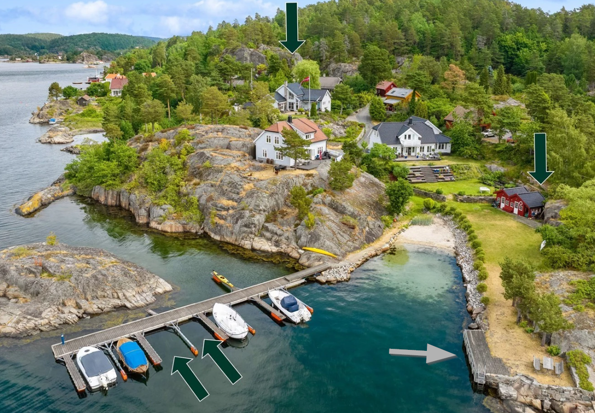 Den grå pilen peker på gjestebryggen til Kalvenveien 87 - De andre eierne av arealet den står på kan bruke den til soling og bading