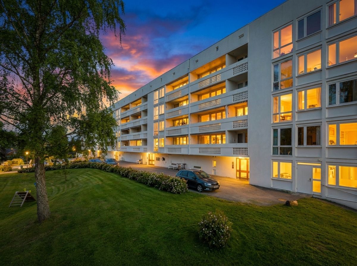 Leiligheten ligger i et hyggelig borettslag, rett ved T-banen på Haslum. Bildet er AI redigert