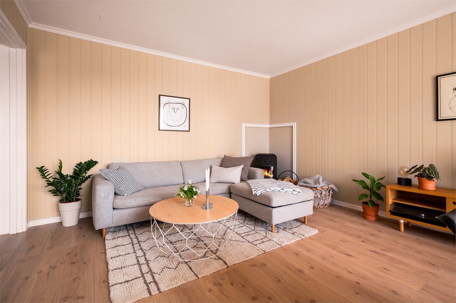Stuen har også god plass til romslig sofa