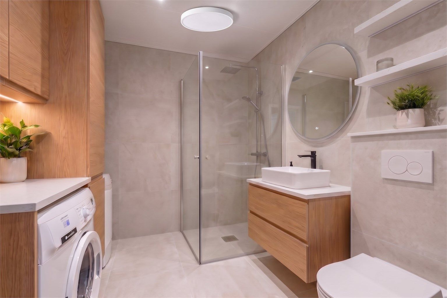 Illustrasjonen viser et mulig fremtidig uttrykk for badet – et lyst, moderne og funksjonelt rom med tidsriktige materialvalg. (AI-redigert)