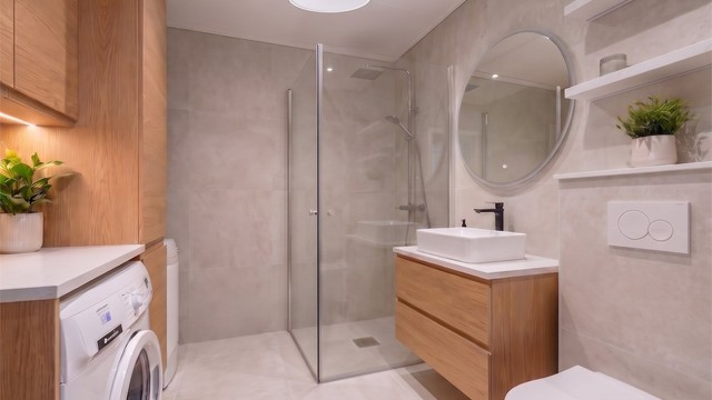 Illustrasjonen viser et mulig fremtidig uttrykk for badet – et lyst, moderne og funksjonelt rom med tidsriktige materialvalg. (AI-redigert)