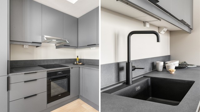Kjøkkenvasken er i kompositt og underlimt benkeplaten. Over benkene er det LED-lys og godt med strømuttak.