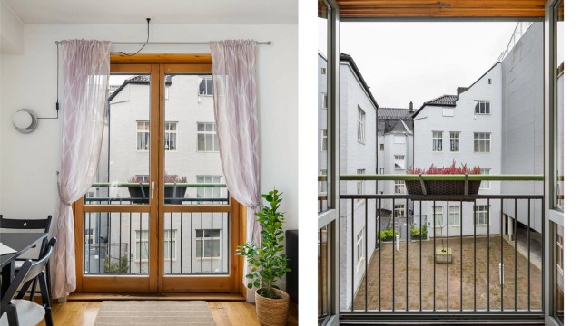 Fransk balkong med utsyn over det indre gårdsrommet.