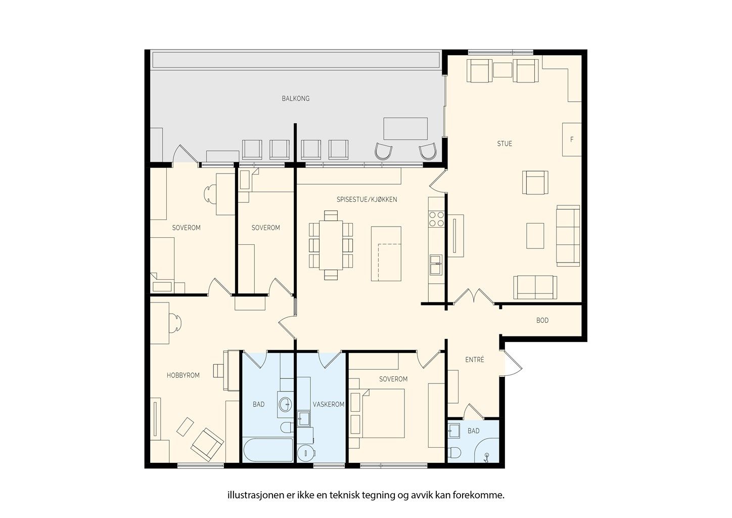 Leiligheten har en familievennlig planløsning med fire soverom, to bad og rikelig med lagringsplass.