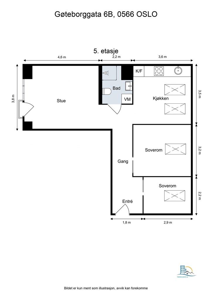 Leiligheten har en arealeffektiv planløsning som utnytter de 62 m² på en god måte.