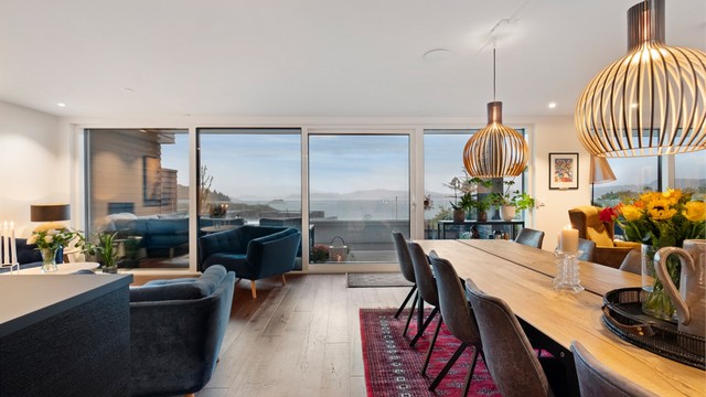 Flott utsikt fra stue og kjøkken