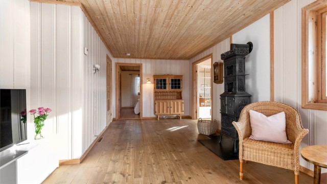 Romslig forstue/dagligstue med vedovn
