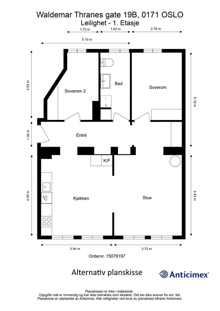 Alternativ planskisse med 2 soverom mot bakgård.