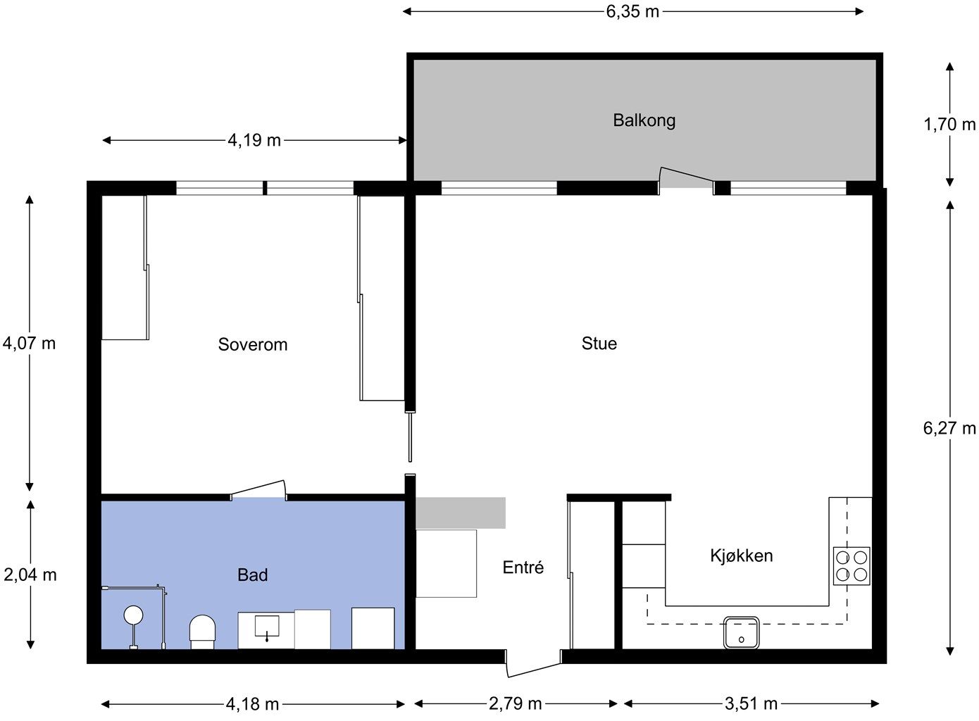 Praktisk planløsning med romslige lyse rom.