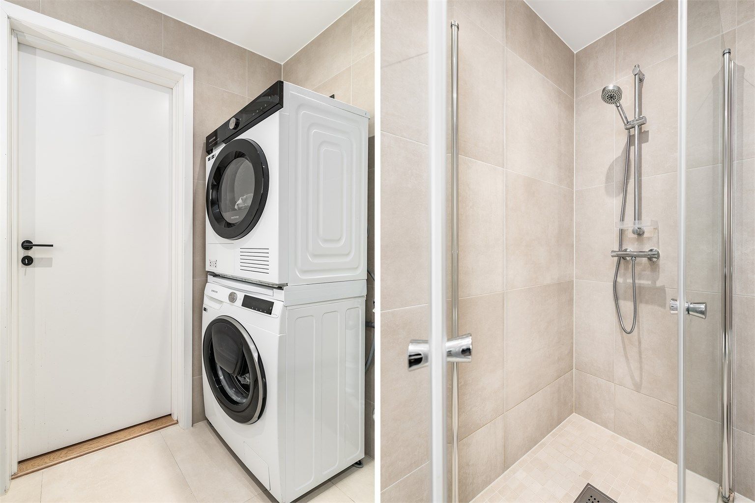 På badet har vaskesøylen en lett tilgjengelig plass rett innenfor døren. Dusjdørene kan svinges inn for å maksimere den tilgjengelige gulvflaten.