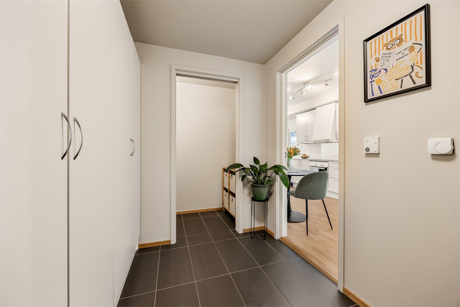 Entréen har og tilgang til en bod som tilbyr ekstra muligheter for oppheng og oppbevaring. 