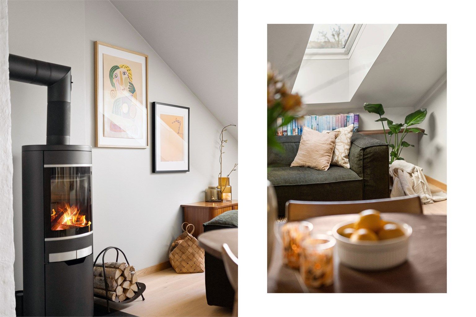 En moderne vedovn med brannmursplater, installert i 2023, skaper en lun atmosfære