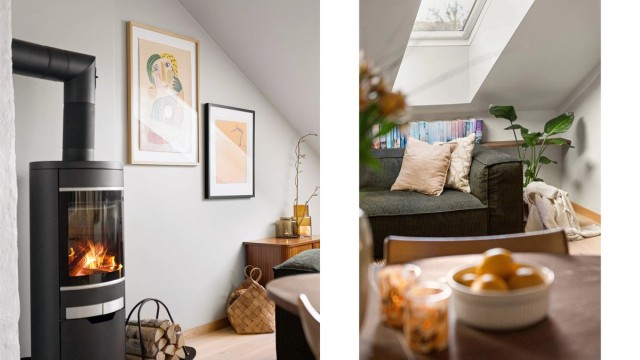 En moderne vedovn med brannmursplater, installert i 2023, skaper en lun atmosfære