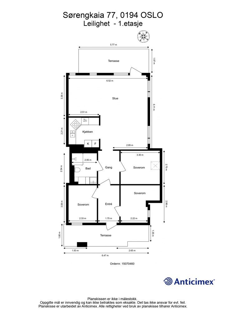 Plantegning. Her er det vinduer på hele 3 sider! 