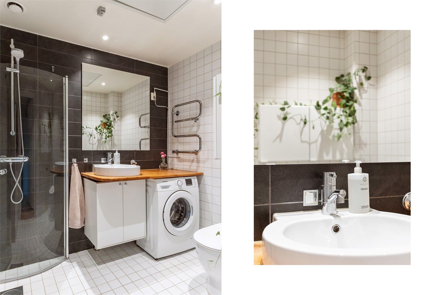 Badet er flislagt og har elektrisk gulvvarme, servant på en lekker heltre benkeplate og dusjhjørne med svingbare glassdører. Det er opplegg for vaskemaskin, og vaskemaskinen følger med. Dimbare downlights fra 2025 lar deg skape den stemningen du ønsker.