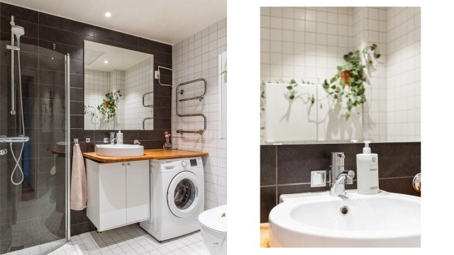 Badet er flislagt og har elektrisk gulvvarme, servant på en lekker heltre benkeplate og dusjhjørne med svingbare glassdører. Det er opplegg for vaskemaskin, og vaskemaskinen følger med. Dimbare downlights fra 2025 lar deg skape den stemningen du ønsker.