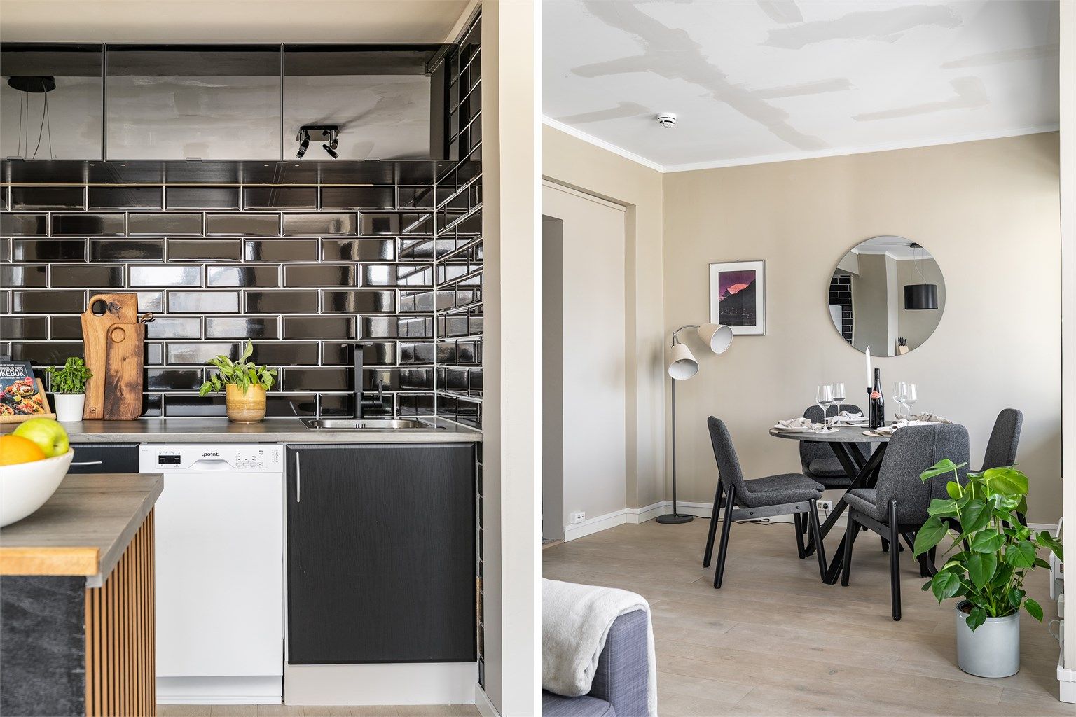 Rundt den nye kjøkkenkroken er det rom for både sofa og spisegruppe.