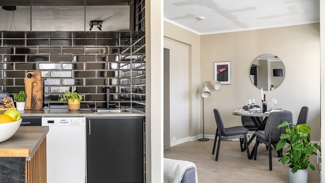 Rundt den nye kjøkkenkroken er det rom for både sofa og spisegruppe.