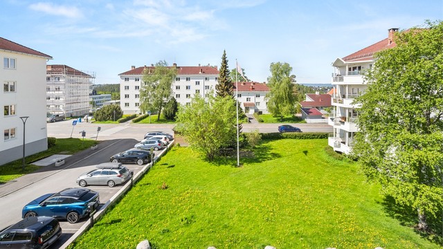 Utsikt over nærområdet.
Blokkrekka til nr 46, ligger tilbaketrukket fra Haakon Tveters vei.