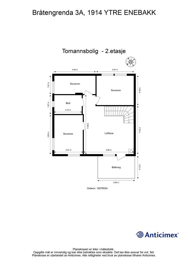 2. etasje har et bruksareal på 61 m² og inneholder en loftstue, tre soverom og en bod. Fra loftstuen er det utgang til veranda.
