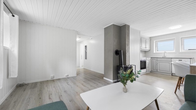 Åpen løsning mellom stue og kjøkken i den separate utleiedelen.