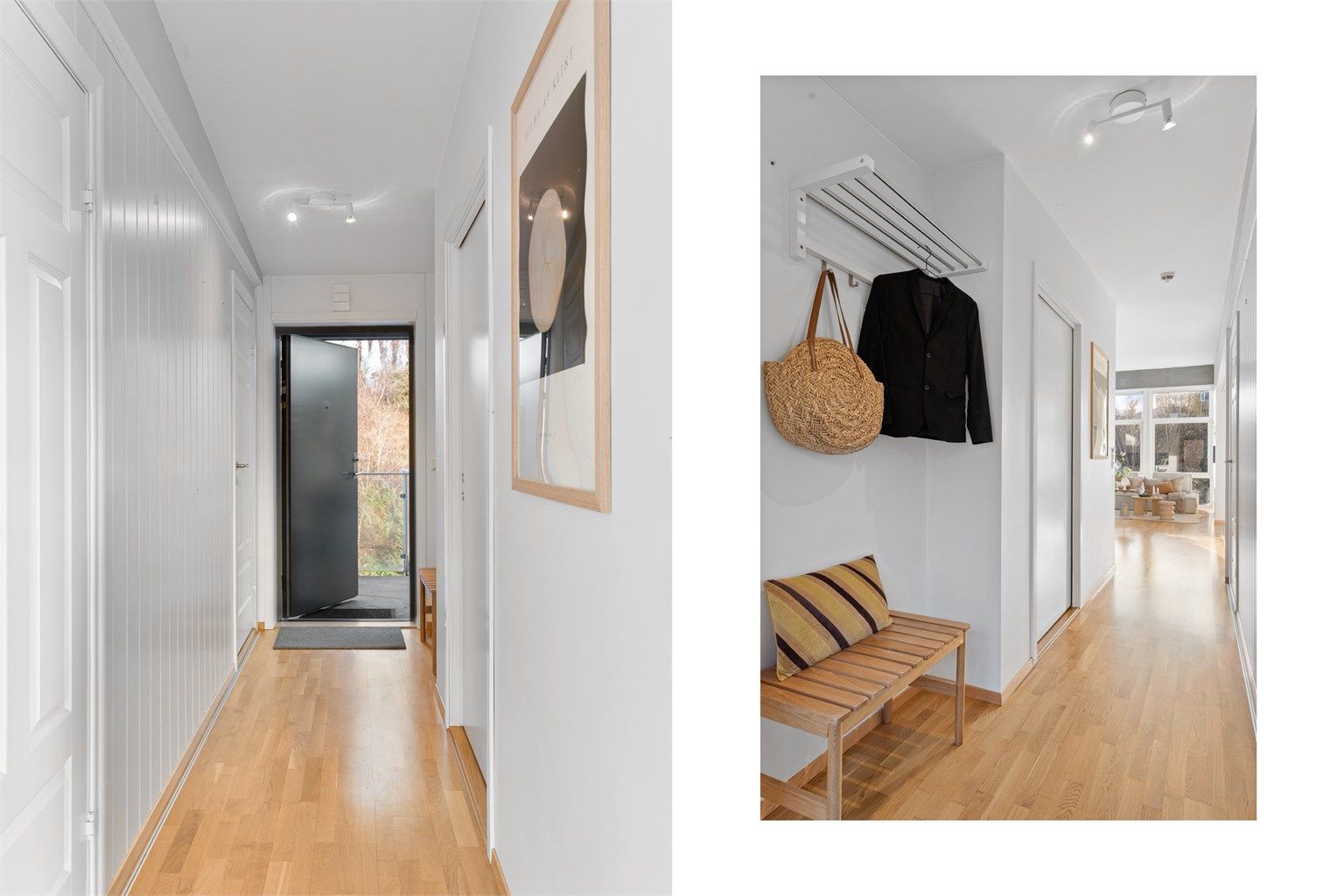 - Flott entré med lyse farger og plass til å henge fra seg yttertøy -