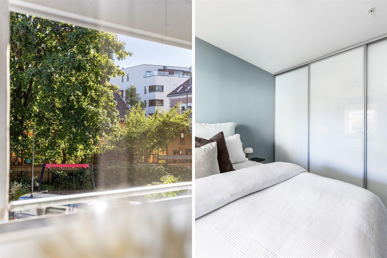 Bred skyvedørsgarderobe ved sengens side gjør det enklere å holde resten av hovedsoverommet ryddig.