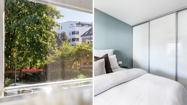 Bred skyvedørsgarderobe ved sengens side gjør det enklere å holde resten av hovedsoverommet ryddig.