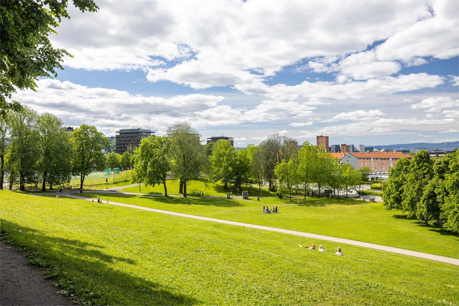 Hyggelige Tøyenparken byr på store grøntarealer, fotballbane og interne turveier.