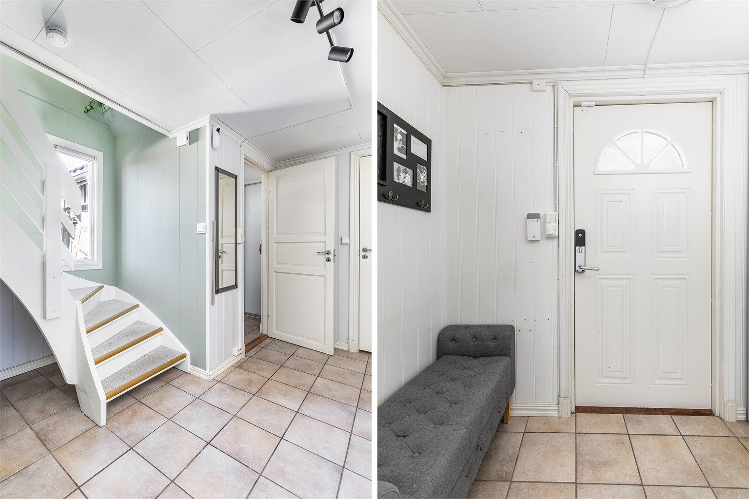 Både gangen og entreen har flislagt gulv med varme. Elektronisk kodelås på inngangsdøren gjør nøkler overflødige.