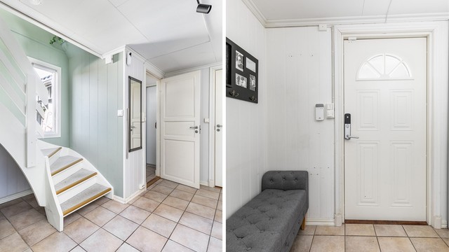 Både gangen og entreen har flislagt gulv med varme. Elektronisk kodelås på inngangsdøren gjør nøkler overflødige.