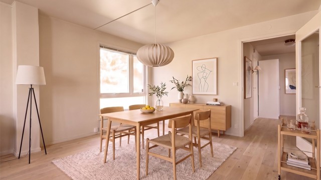 Illustrasjonen viser ett av flere mulige uttrykk for boligen etter oppgradering. Her ligger forholdene godt til rette for å skape et lyst og tidsriktig hjem. (AI-redigert)