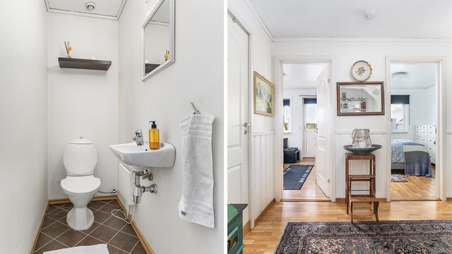 Både bad og toalettrom er tilgjengelig fra gangen utenfor underetasjens soverom.