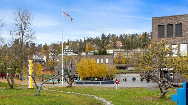 Populære Holmen skole (1.-7. trinn) åpnet høsten 2018, kun 500 meters gange fra boligen.