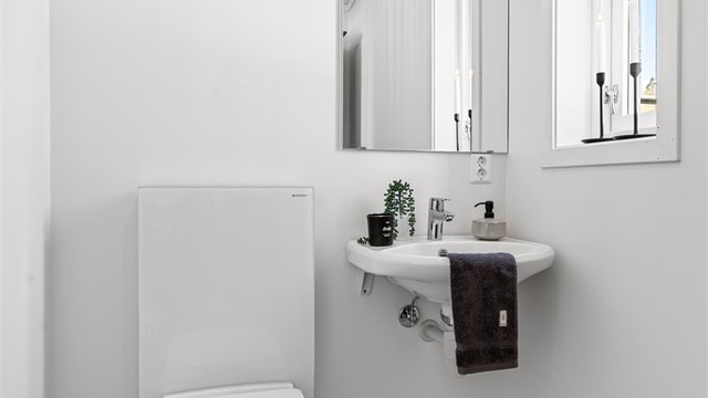 Toalettrom med adkomst fra stuen i 2. etasje. Perfekt gjestetoalett. Vegghengt toalett og servant.